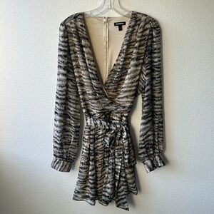 Express romper animal print v neck long sleeves tan black size Large